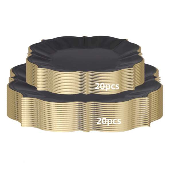 40 Stücke schwarze goldene Folie Einweg-Pappteller für Party/Feier/Jubiläum, 20 Stücke 23cm Mittagsteller und 20 Stücke 18cm Dessert-/Salateller