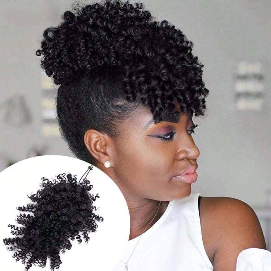 Afro Puff Drawstring Ponytail With Kinky Curly Hair Clip In Bangs Short Ponytail Extension Updo Hairpieces Short Curly Puff Ponytail With Bangs Clip In Wrap Updo Hairpiece For Women - Multicolor - View 1