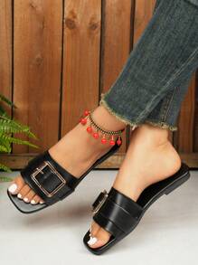 女士新款方头平底拖鞋，黑色金属扣软底凉鞋，系带拖鞋，适合海滩度假休闲装，防滑