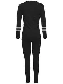 Striped Colorblock Print Long Sleeve Sports Suit, Sweatshirt And Sweatpants Set Black Spring - Black - View 5