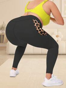Leggings Plus Size con tasche per donne, vita alta opachi con controllo addominale, leggings sportivi Plus Size vita alta, leggings fitness running con tasche, stampa leopardata sulle tasche