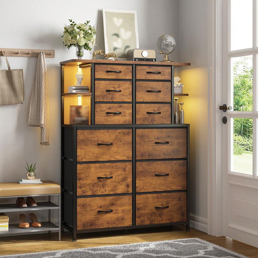 EnHomee Tall Dressers For Bedroom With LED Lights And 12 Fabric Drawers, Dresser For Bedroom With Open Shelves, Scuff-Resistant And Durable Wood-Top Panel, Chests Of Drawers With Sturdy Metal Framem Room Decor, Home Decor, Rust Brown - View 1