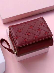 Furlong Lach 1 pieza Cartera corta de mujer con bordado en forma de corazón, cierre de cremallera versátil y sencillo, monedero con gran capacidad, cartera de mujer de tres pliegues con portador de tarjetas, mini cartera, cartera pequeña para mujer