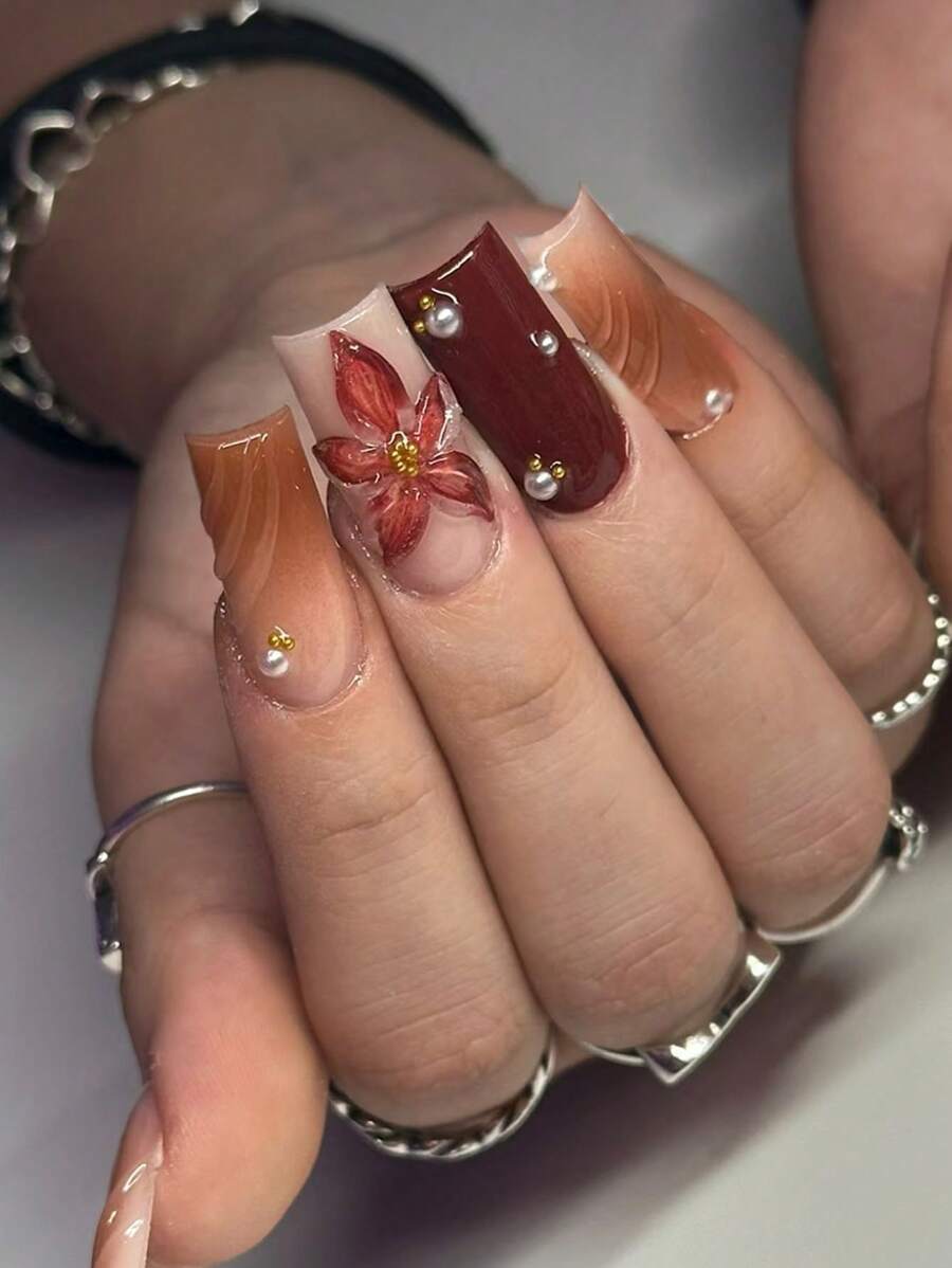 24片3D凝胶美甲贴纸,可打造矩形花卉美甲,珍珠装饰,法式美甲贴纸,中号,完美贴合,亚克力假指甲套装包含1瓶果冻凝胶和1个指甲锉,花卉美甲适合女性和女孩日常佩戴,也适合舞会派对。 - 彩色 - 查看 1