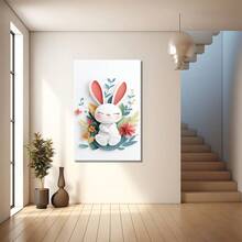 De magnifiques lapins sont entourés de fleurs et de feuilles colorées. Grande peinture murale encadrée en bois, décoration d'intérieur, peinture à l'huile - Chambre, salle de bain, salon, bureau, cuisine, cadeaux de Noël - 1 pièce