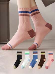 5 Pairs Of Women's Socks Are Suitable For All Seasons Multi-Colored Stripes Simple Fashion Soft Breathable Sweat Absorption Daily Casual Sports Mid-Tube Socks