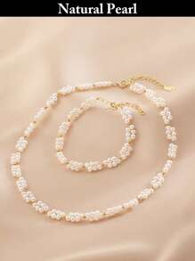 1 Set Fashionable Freshwater Pearl Necklace & Bracelet, Natural Flower-Shaped White Pearl Necklace And Bracelet, Stylish & Versatile, Daily Wear Or Gift - Necklace + Bracelet - View 1