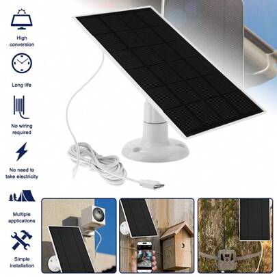 4W Solar Panel For Security Camera Outdoor, Type-C Solar Panel Charger Compatible With Rechargeable Battery Powered Cam 6.56ft Cable, Adjustable Bracket For Camera,For RV, Camping, And Outdoor Activities