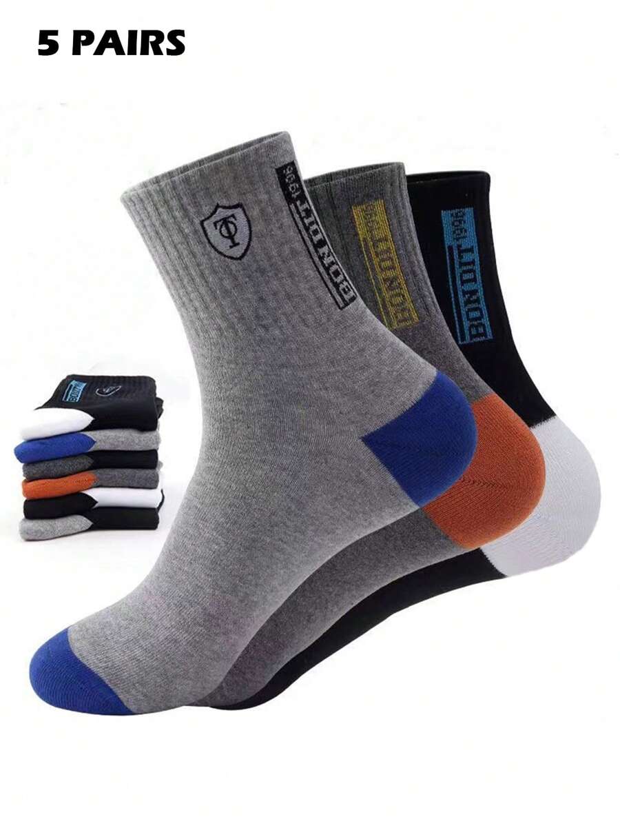 5 par losowych męskich skarpetek z grafiką tarczy i literami, casualowych i sportowych na co dzień