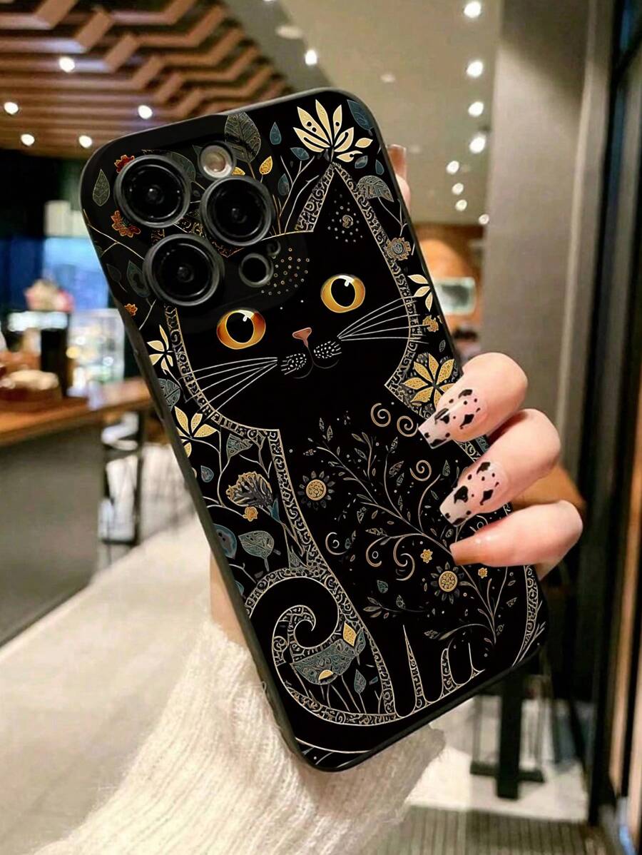 极简黑色TPU猫咪元素时尚手机壳 1个 艺术金色和灰色花卉极简猫眼亲肤防摔TPU手机壳 兼容 17 Pro Max、11、16 Pro Max、16 Pro、16、15 Pro Max、14 Pro Max / Galaxy S25系列、SAM A16 / Honor X6A、X7B、X8B / 13C、Note 13 / Hot 60ro / Smart 8 国际版，非国内版 生日礼物 春季周年纪念
