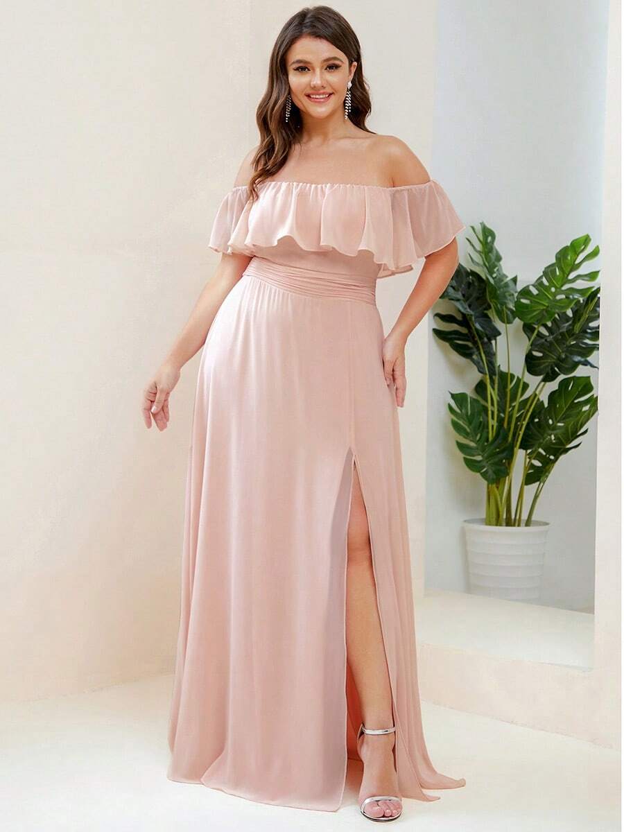 EVERPRETTY Plus Size Elegant Solid Color Off Shoulder Split Bridesmaid Dress - Pink - View 1