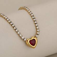 1 pieza Collar con colgante de corazón de acero inoxidable con circonita para mujeres, cadena clásica simple, colgante de ágata roja en forma de corazón, collar de clavícula elegante, joyería de celebridad de internet