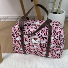 Sanrio 1 pieza Bolso de hombro vintage de Hello Kitty de Sanrio, nueva bolsa de almacenamiento de gran capacidad con estampado de leopardo, bolso de almohada lindo y a juego, bolsa de almacenamiento multifuncional con estampado floral de Hello Kitty, bolsa de almacenamiento plegable
