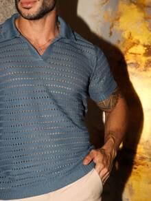 Men's Short Sleeve Polo Collar Knit Shirt Blouse Summer Spring Men High Quality Casual Immediate Shipping - Màu xanh lam - Xem 2