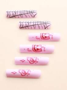 24 stuks nieuwe extra lange persnagels, inclusief roze spin, pompoen, rock punk-stijl, kistvorm, 1 nagelvijl en 1 gelei-gel, geschikt voor meisjes, dames, feesten, bruiloften, verjaardagen, dagelijks gebruik