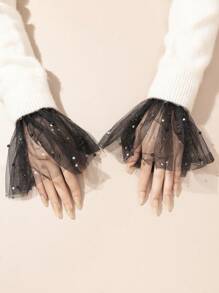 1 Pair Rhinestone Embellished Lace Puff Sleeve Cuffs, Suitable For Weddings, Parties, Festivals - Black-331 - View 3