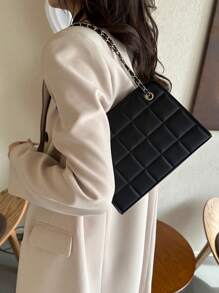 New Fashionable Solid Color PU Leather Plaid Square Bag, Elegant Versatile Business Commuting Office Metal Chain Crossbody Bag, Vintage Large Capacity Travel Vacation Underarm Bag, Casual Outdoor Shopping Handbag, Women Shoulder Bags For Holiday Gifts - Multicolor - View 5