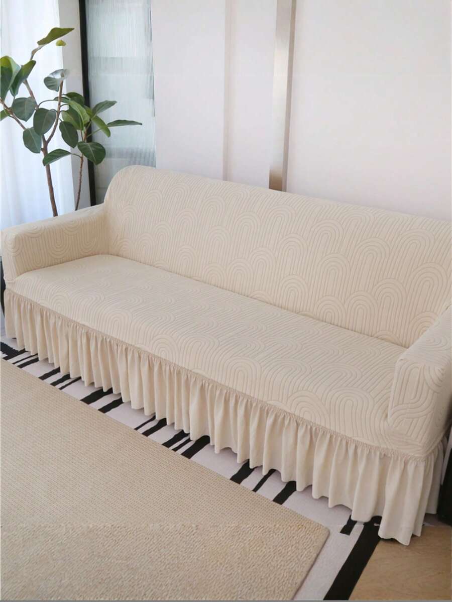 1pc Beige Arched Jacquard Velvet Sofa Cover, With Elastic Full Skirt, Minimalist Modern, Polyester Fiber Material, Suitable For 1-4 Seater Sofa - 210g/Sqm, Sofa Protector | Elegant Home Decor | Ruffle Edge Detail - Beige - View 1