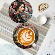 6 Pieces Set, Japanese-Style Kimono Ladies Art Wooden Coasters, Heat-Resistant, Suitable For Drinks And Coffee, Very Suitable For Office, Kitchen, Table Decoration, Unique Art Desktop Protector, Perfect Birthday And Christmas Gifts