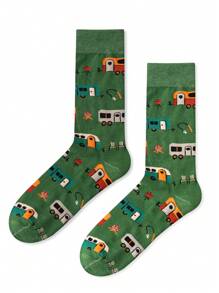 1 双时尚巴士图案中筒袜，适合所有季节的情侣款袜子，运动袜 - 彩色 - 查看 3