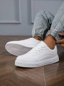 Classic White Sneakers New Casual Flat Platform Shoes, Versatile Men's Spring Autumn Students Footwear - White - View 3