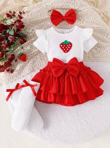 2pcs/Set Cute Fruit Print Baby Girls Short Sleeve Bodysuit + Shorts Outfit, Lightweight Summer - Red and White - View 3