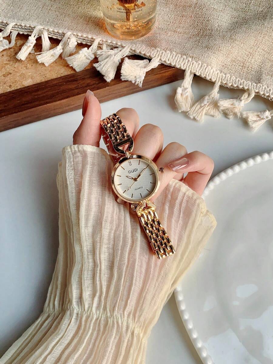 1 件女士金色手表，时尚复古女士手表，女士时尚简约百搭奢华不锈钢石英表 - 均碼 - 查看 1