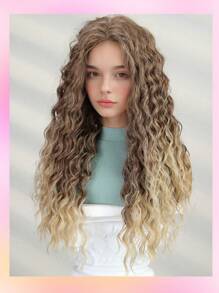 TOIPSHE Stilvolle 26-Zoll Farbverlauf Gold Mittelteil Kleine Locken Synthetische Hitzebeständige Faser Perücke für Frauen, perfekt für Ferien-Partys und den Alltagsgebrauch