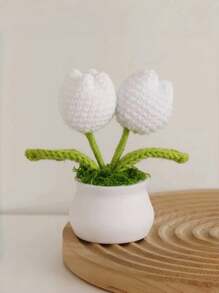 1pc/2pcs 2 Flower Heads (White), DIY Handmade Mini Potted Plant, Crochet Tulip, Mother's Day Gift, Home, Office, Desktop, Wedding, Birthday, Holiday Decor, Christmas & New Year Gift, For Boyfriend/Girlfriend/Father Gifts Graduation