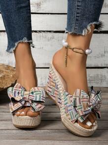 Women's Fashionable Comfortable Platform Solid Color Bow Woven Beach Style Versatile Lady Wedge Sandals - Multicolor - View 5