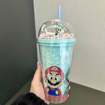 Super Mario Taza de pared doble aislada con tema de Super Mario, con pajita y tapa, a prueba de fugas, reutilizable, taza de viaje a prueba de fugas de Oz, gráficos de Super Mario vívidos | Taza portátil, poliestireno, mango antideslizante, ideal para camping al aire libre, conducción y viajes de vuelta al colegio