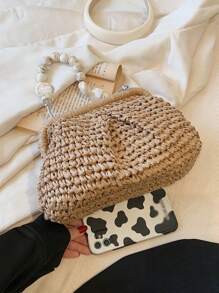 BAILEE 1件时尚新款夏季度假风纯色编织镂空褶皱云朵包，带搭扣和串珠手柄，适合旅行、海滩和休闲购物 - 卡其色 - 查看 11