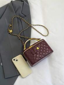 Bolso tipo cubo con cadena de correa a rayas de unicolor en forma de rombo, bolso de mano y bandolera - Burdeos - Ver 5