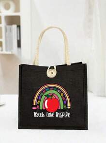 1 pièce Sac à main en lin imprimé floral avec lettrage enseignant, cadeau pour enseignants, sac cadeau à motif lune et étoile, sac de courses portable et pliable, sac de rangement léger, sac de courses simple, sac de rangement pour infirmière, médecin, enseignant, cadeau pour mère, maquillage de voyage personnel, sac de courses, grand espace de rangement, toujours les meilleurs cadeaux de la Saint-Valentin