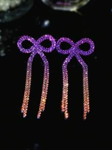 迷人薰衣草蝴蝶结 CZ 水晶流苏耳环耳钉婚礼派对毕业珠宝 1 对 - 彩色 - 查看 2