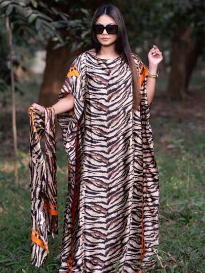 1set Women's Spring/Summer New Fauxsilk Zebra Printed Beach Cover Up, Chiffon Scarf Shawl Suitable For Travel & Daily Use For Dress