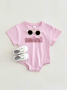 Baby Girl Pink Letter "MINI" Embroidery Short Sleeve Snap-Up Bodysuit, Summer - Pink - View 1