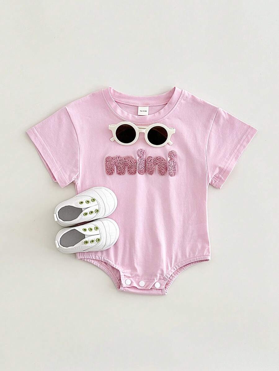 Baby Girl Pink Letter "MINI" Embroidery Short Sleeve Snap-Up Bodysuit, Summer - Pink - View 1