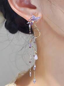 2pcs Butterfly Design Zirconia Tassel Earrings, Fashion Delicate Purple Earrings Suitable For Women Everyday Wear, Suitable For Vacation, Party, Jewelry Gift - Màu tím - Xem 4