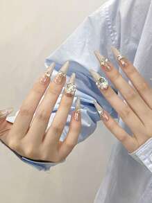 10 piezas de uñas postizas de lujo hechas a mano, súper largas con forma de almendra, diseño con incrustaciones completas, uñas postizas para señoras y niñas para asistir a fiestas festivas
