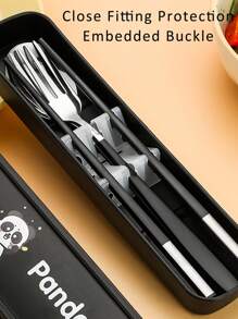 Portable Cutlery Set With Case & Bag, Cartoon Panda Travel Utensils, Portable Silverware Set For Work, 18/10 Stainless Steel Reusable Travel Cutlery Set, Fork And Spoon Chopsticks Set For Camping, School, Picnic, Gadgets, For Lunch Box,School Supplies