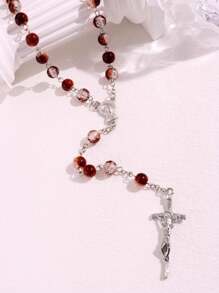 1 pieza Collar con cuentas de diseño agrietado minimalista de moda con colgante de cruz, joyería de cuentas de oración musulmana versátil, regalo para hombres en festividades