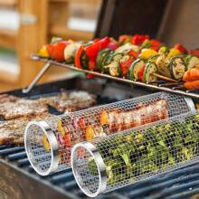 Rolling Grilling Baskets Outdoor Accessories, Stainless Steel Cylinder Tubes, Vegetable Cage Veggie, Large Round Mesh Rotation, Grill Bbq Basket Nets Veggies Barbecue Round Net Cylinders, Barbeque Kabob Fish Meat Gear Gift, Cylinder Cage Cooking Accessories For Veggie, Fish, Meat,Gift For Men,For Valentine's Day, Mother's Day, Father's Day, Outdoor Barbecue Festival