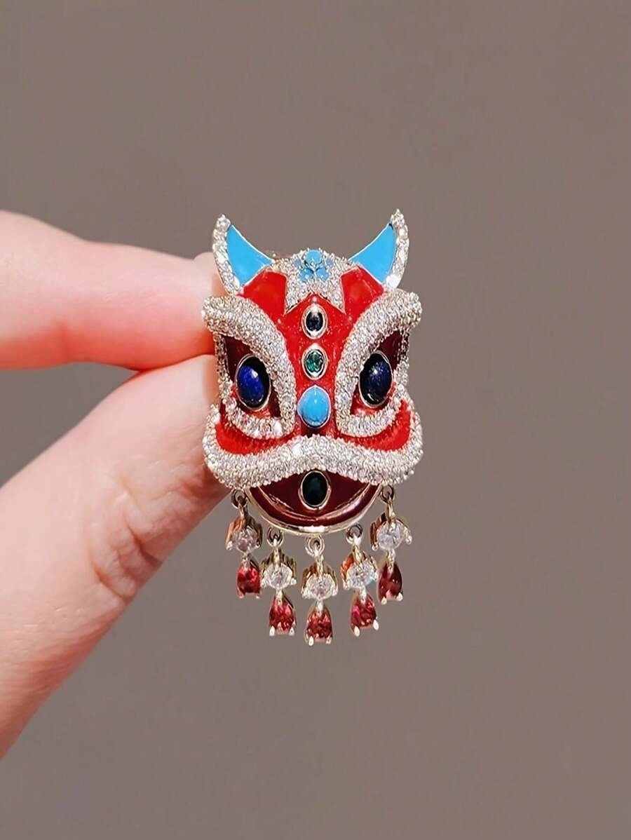 1pc Chinese Style National Awakened Lion Brooch, Suit/Sweater Decor Pin Accessory, Unisex - Brooch-lion Dance - View 1