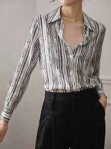 YUXIN 新款春夏秋季女士翻领长袖衬衫，复古港风条纹修身衬衫 - 黑色 - 查看 8