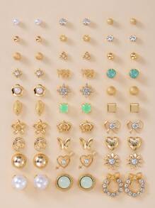 30pcs/Set Fashion Metal Butterfly, Letter, Heart, Flower, Bow, Rhinestone & Faux Pearl Earrings Jewelry For Women, Daily Use Multi-Piece Gift Set
