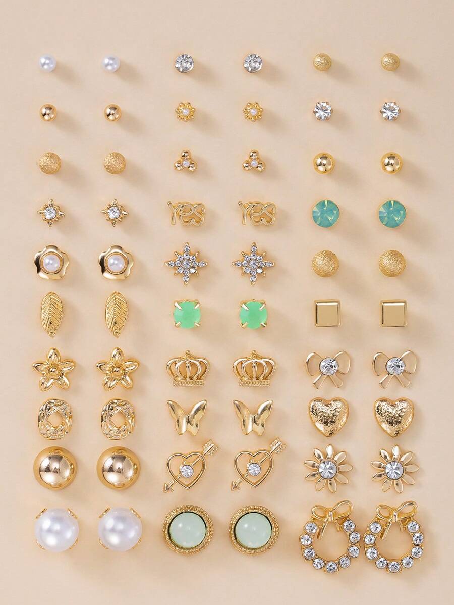 30pcs/Set Fashion Metal Butterfly, Letter, Heart, Flower, Bow, Rhinestone & Faux Pearl Earrings Jewelry For Women, Daily Use Multi-Piece Gift Set