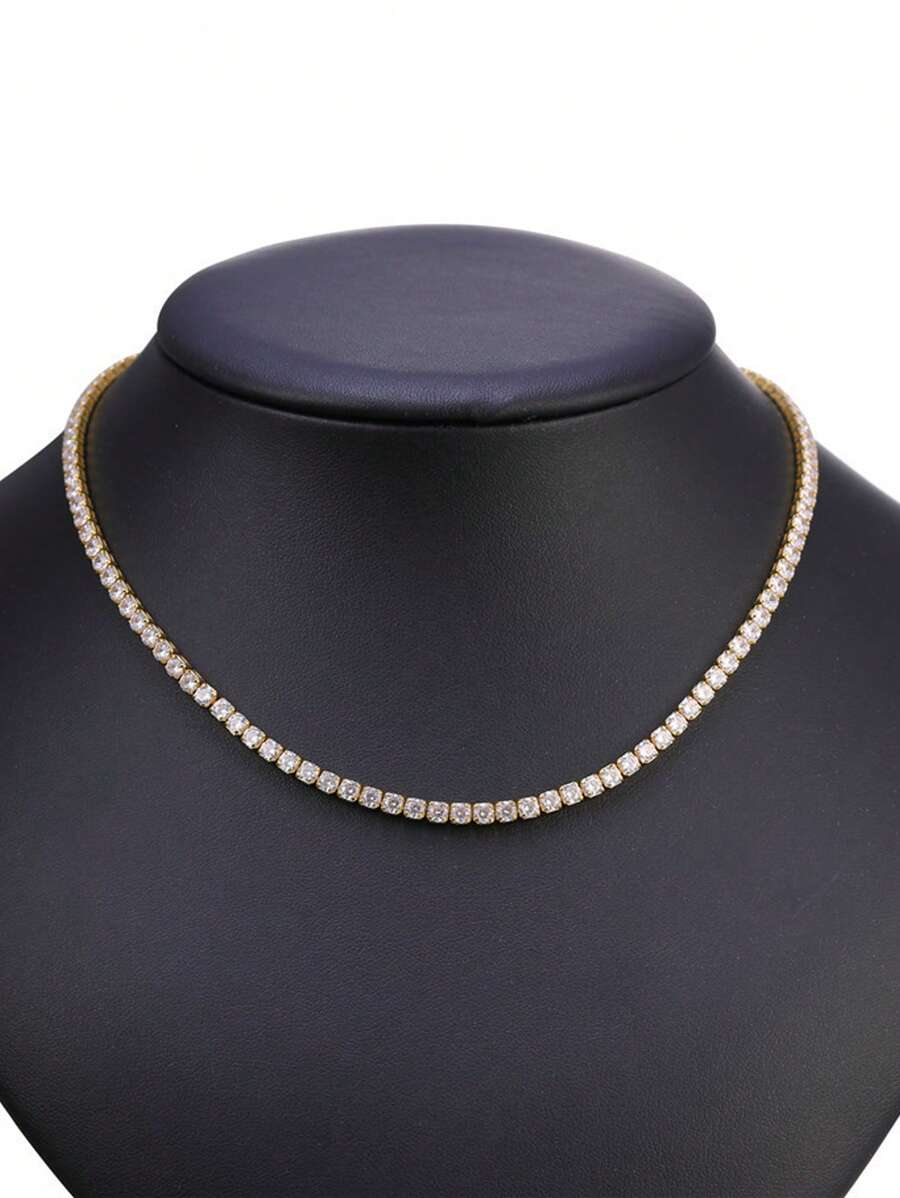 1pc Tennis Necklace With Zirconia, Gold-Plated Jewelry For Women, Gift For Teachers - Yellow Gold - View 1