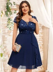 加大深 V 领亮片蕾丝褶边雪纺 A 字下摆晚会摇摆连衣裙，半正式婚礼宾客连衣裙，适合生日、毕业典礼、返校节 - 藏蓝色 - 查看 3