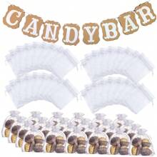 50pcs White Organza Drawstring Bags And CANDY BAR Craft Paper Tag Banners, Retro Wedding Party Decoration Ribbon Flag Venue Layout, European Wedding Supplies Candy Bags